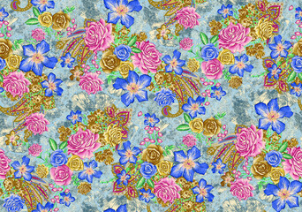  Seamless pattern with spring flowers and leaves. Hand drawn background. floral pattern for wallpaper or fabric.