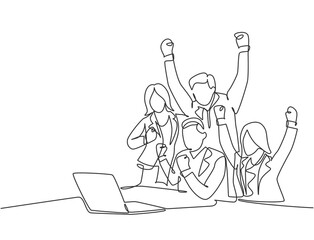 Poster - one continuous line drawing of young happy male start up ceo and his subordinates celebrating their 