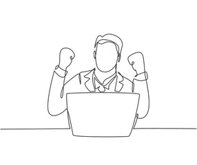 Poster - one single line drawing of young happy business man sitting on chair and open laptop to read busines