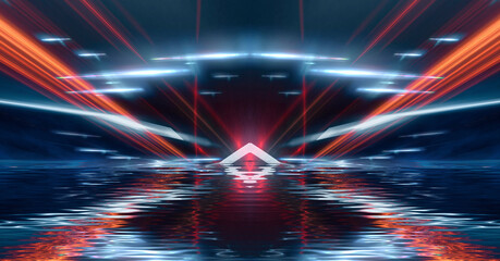 Wall Mural - empty stage background in purple color, spotlights, neon rays. abstract background of neon lines and