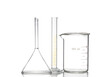 Group of laboratory glassware with reflection isolated on white background.