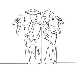 Wall Mural - One continuous line drawing of young happy couple graduate college student hold paper and celebrate their graduation from university. Education concept. Single line draw design vector illustration