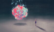 Love Concept Painting, Romantic Artwork, Surreal Illustration, Lonely Young Woman With Floating Giant Ping Rose, Imagination Art