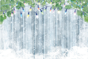 Wall Mural - Vector wooden board covered by snow  and  decorated by fir branches  for Christmas design. Wnter background.