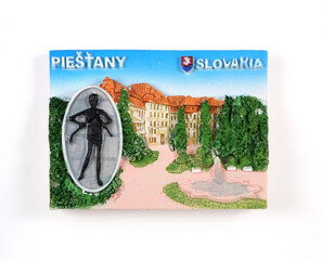 Wall Mural - Magnetic souvenir from Slovakia Peshtiany with the image of the city's attractions isolated on white background. The inscription on the Slovak name of the city means 