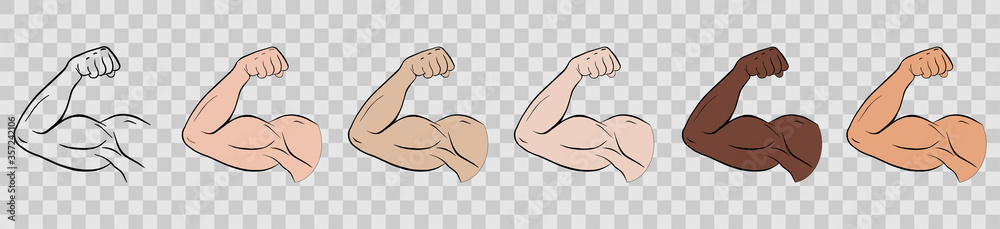 Biceps of a sports person. Body flexion or strong biceps logo. Set of vector icons - obrazy, fototapety, plakaty 