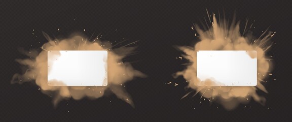 Wall Mural - dust explosion with white rectangle banner. splashes of brown powder isolated on transparent backgro