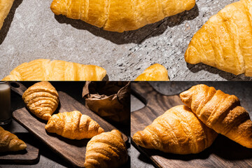 Wall Mural - collage of fresh baked croissants on wooden cutting board and on concrete grey surface in dark