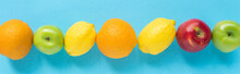 Top View Of Ripe Fruits On Blue Background, Panoramic Shot
