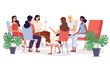 Group therapy session with diverse women seated in a circle having a heart to heart discussion , colored vector illustration