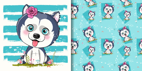 Wall Mural - cute cartoon husky puppy vector illustration for kids