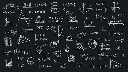 Mathematics, geometry background. Formulas, shapes, and graphics. Big vector set of mathematical objects isolated on a white background. Hand drawn.