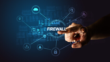 Hand touching FIREWALL inscription, Cybersecurity concept