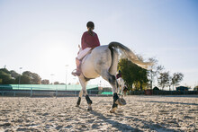 Rear View Of Girl Riding White Horse On Training Ground At Ranch During Sunny Day