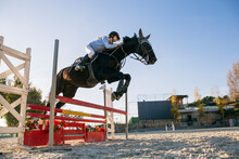 Low Angle View Of Jockey Riding Horse Over Hurdle On Training Ground Against Clear Sky