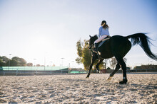 Rear View Of Girl Riding Horse On Training Ground At Ranch During Sunny Day