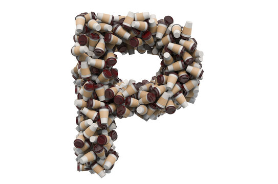 Letter P from disposable cups of coffee or tea, 3D rendering