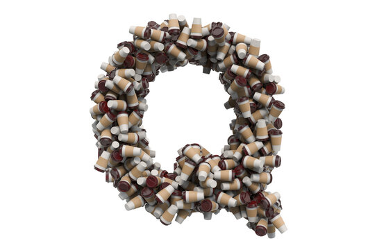Letter Q from disposable cups of coffee or tea, 3D rendering