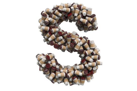 Letter S from disposable cups of coffee or tea, 3D rendering