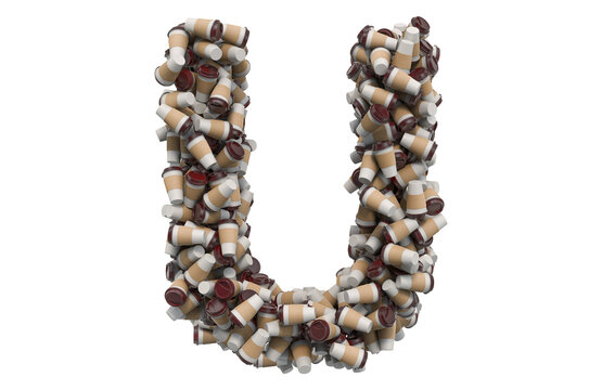 Letter U from disposable cups of coffee or tea, 3D rendering