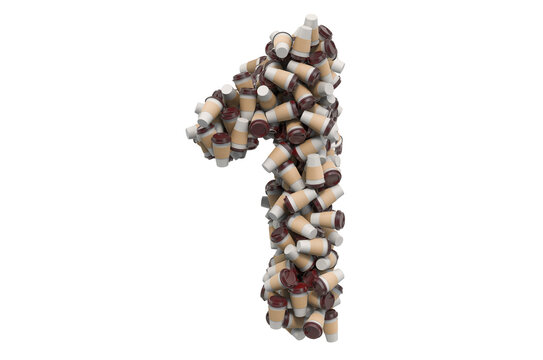 Number 1 from disposable cups of coffee or tea, 3D rendering