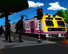 Illustration Indian AC Local Train In Station
