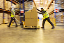 Workers Carting Boxes In Warehouse