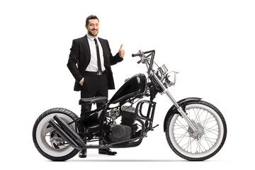 Sticker - Man in a black suit standing with a chopper motorbike and showing thumbs up