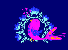 Ethnic Illustration Singing Bird And Flower Wreath With Hearts In Purple And Blue Colors