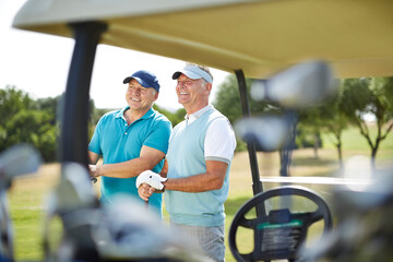 Wall Mural - Senior men standing next to golf cart