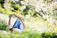 Woman Reading Book In Grass Under Tree With White Blossoms