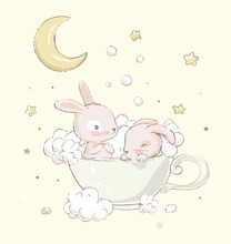 Cute Little Sister Bunnies Take Baths In A Cup. Moon, Foam And Clouds On The Background. Cartoon Hand Drawn Illustration. 