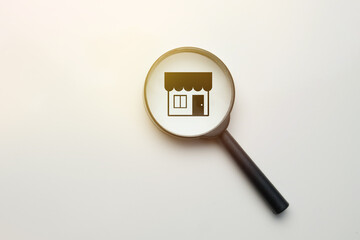 Magnifier store search concept white background with icon.