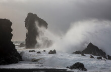 Ocean Waves Crashing Against Rock Formations, Londrangar, Snaefellsnes, Iceland