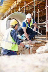 construction workers talking at construction site