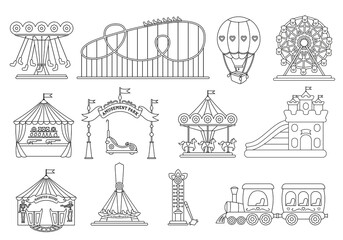 Wall Mural - Amusement park black line silhouette set. Carousel cartoon style. Fairground, rollercoaster, carousel horse, air balloon, ferris wheel kid fun time. Circus marquee summer leisure. Vector illustration