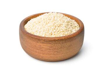 Wall Mural - White sesame seeds in wooden bowl isolated on white background.  clipping path.