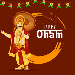 Wall Mural - Cheerful King Mahabali Character with Brush Stroke Effect on Brown Background for Happy Onam Celebration.