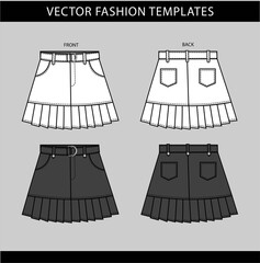 skirt fashion flat sketch template, pleated skirt front and back