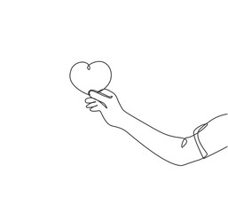 Single continuous line drawing of young happy female hand holding cute heart shaped carton paper. Romantic marriage love concept. Modern one line draw graphic design vector illustration