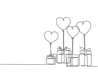 Poster - One continuous line drawing of cute gifts box tied with ribbon tape and flying heart shaped gas balloon. Romantic marriage proposal gift concept single line draw design graphic vector illustration