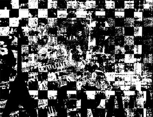 Aufkleber - Grunge checker background. Black white template. Guitar and letters pattern. Punk rock music illustration. Distressed rough texture. 