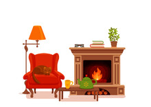 Colorful Vector Cozy Interior Warm Bright Winter Illustratio