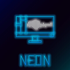 Poster - Glowing neon line Sound or audio recorder or editor software on computer monitor icon isolated on black background. Colorful outline concept. Vector