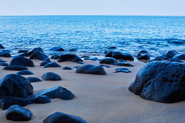 Wall Mural - Beach landscape with huge boulders on a beach. Tioman Island, Malaysia.