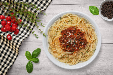 A italian pasta spaghetti background. Italian food concept. Table set cooking spaghetti.