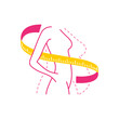Weight loss program logo (isolated icon) - female silhouette (fat and slim figure) with measuring tape around