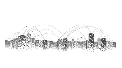 Network and communication in a digital city. The future of smart cities connected with Internet of things. 5g technology concept.