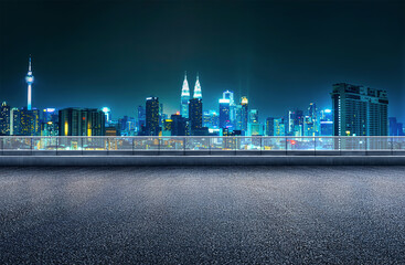 Wall Mural - Empty floor platform with night view city skyline background