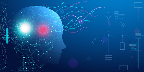 Fototapete - Artificial intelligence robot with neural network. Digital brain, cyber mind. Concept processing and analysis big data.
